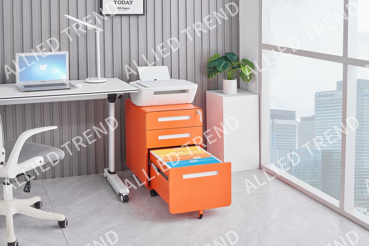 Armoire mobile orange à trois tiroirs avec poignée encastrée AT-MP-18